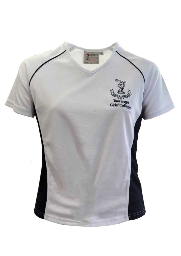 Tauranga Girls' College PE Tee White with Navy Panels